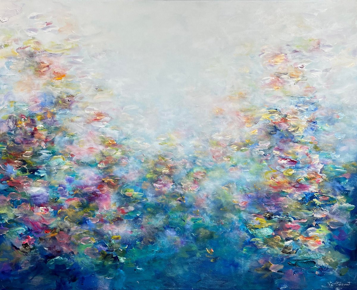 Abstract Acrylic Painting By Ve Boisvert, 40 X 32", Heart Of The Nenuphars, Original Artwork