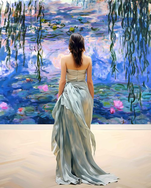 Woman in museum with Water Lilies painting Claude Monet - faceless portrait woman art, Gift by BAST