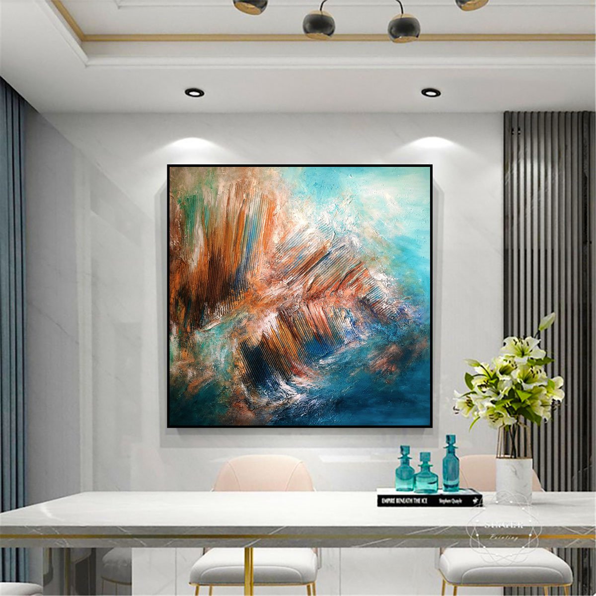 Sea feather 100x100cm Abstract Textured Painting by Alexandra Petropoulou