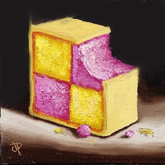 Little Battenberg cake slice still life