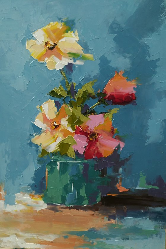 Modern art. Still life painting. Flowers in vase. Gift idea