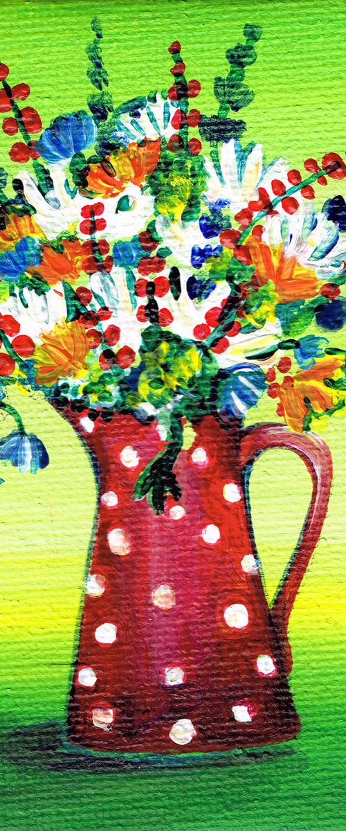 flowers in red pot, original acrylic miniature painting, still life by Diana Aleksanian