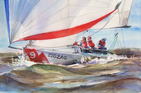 "Full speed ahead!" (yacht racing watercolor painting)