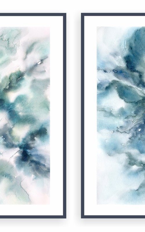 Blue abstract flowers diptych by Olga Grigo