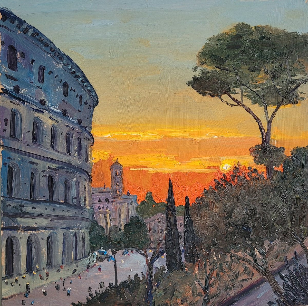 Impressionistic Cityscapes Oil Painting By Roberto Ponte, 12 X 12", Colosseum Sunset, Rome, Italy, Original Artwork