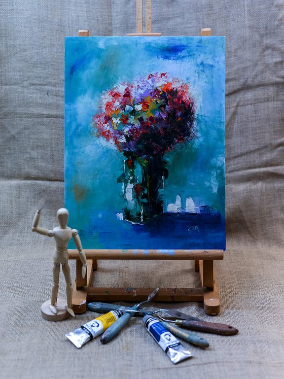 Still life oil painting with flowers in vase