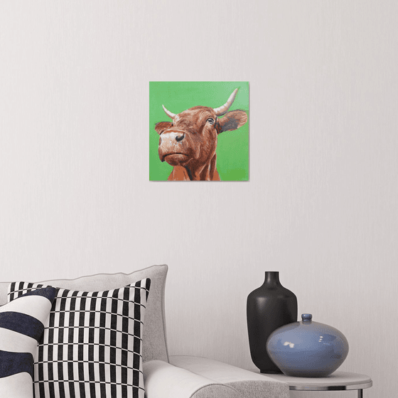 Cow close up painting green background