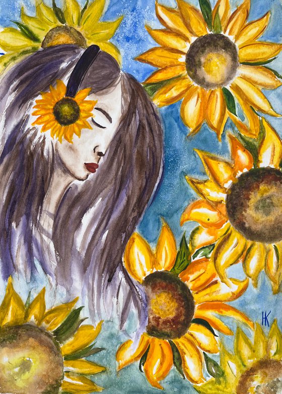 Woman Sunflowers Painting