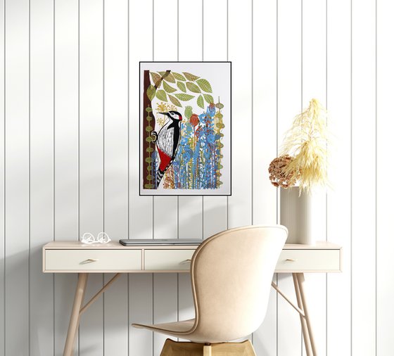 Woodpecker and Flowers