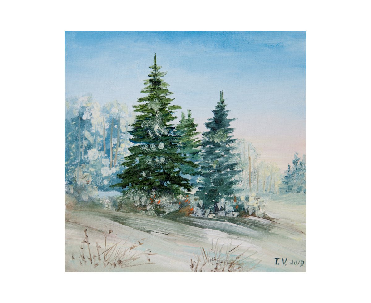 Winter nature. Little landscape. Oil painting. Original Art. Miniature 6 x 6 by Tetiana Vysochynska