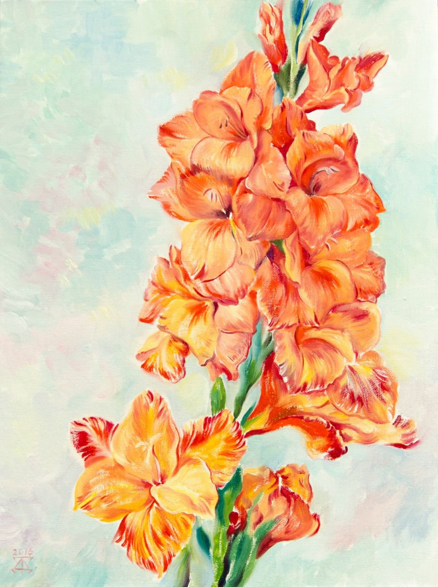 Impressionistic Botanical Oil Painting By Daria Galinski, 12 X 16, An Orange Gladiolus, Original Artwork