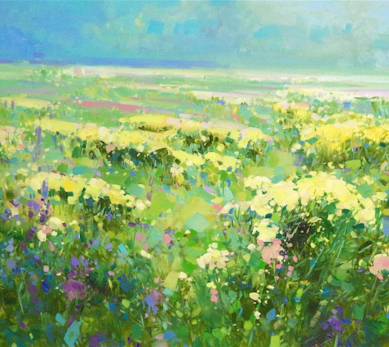 Summer field , Flowers Contemporary art, Original oil painting, One of a kind Signed with Certificate of Authenticity