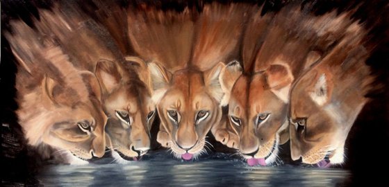 Lions at the watering place 39x20 in