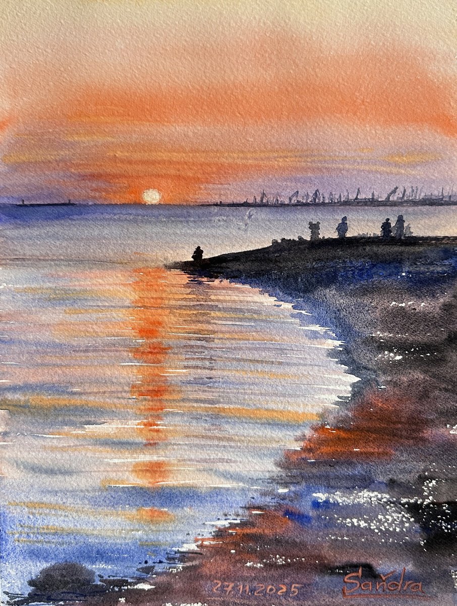 Impressionistic Watercolour , Coastal Sunset By Oleksandra Padushyna, 9 X 12, Artwork For Sale On Artfinder