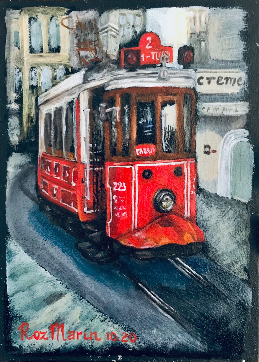 Expressive Transport Oil Painting By Marina Deryagina, 5 X 7", Tram On Istiklal Istanbul, Original Artwork