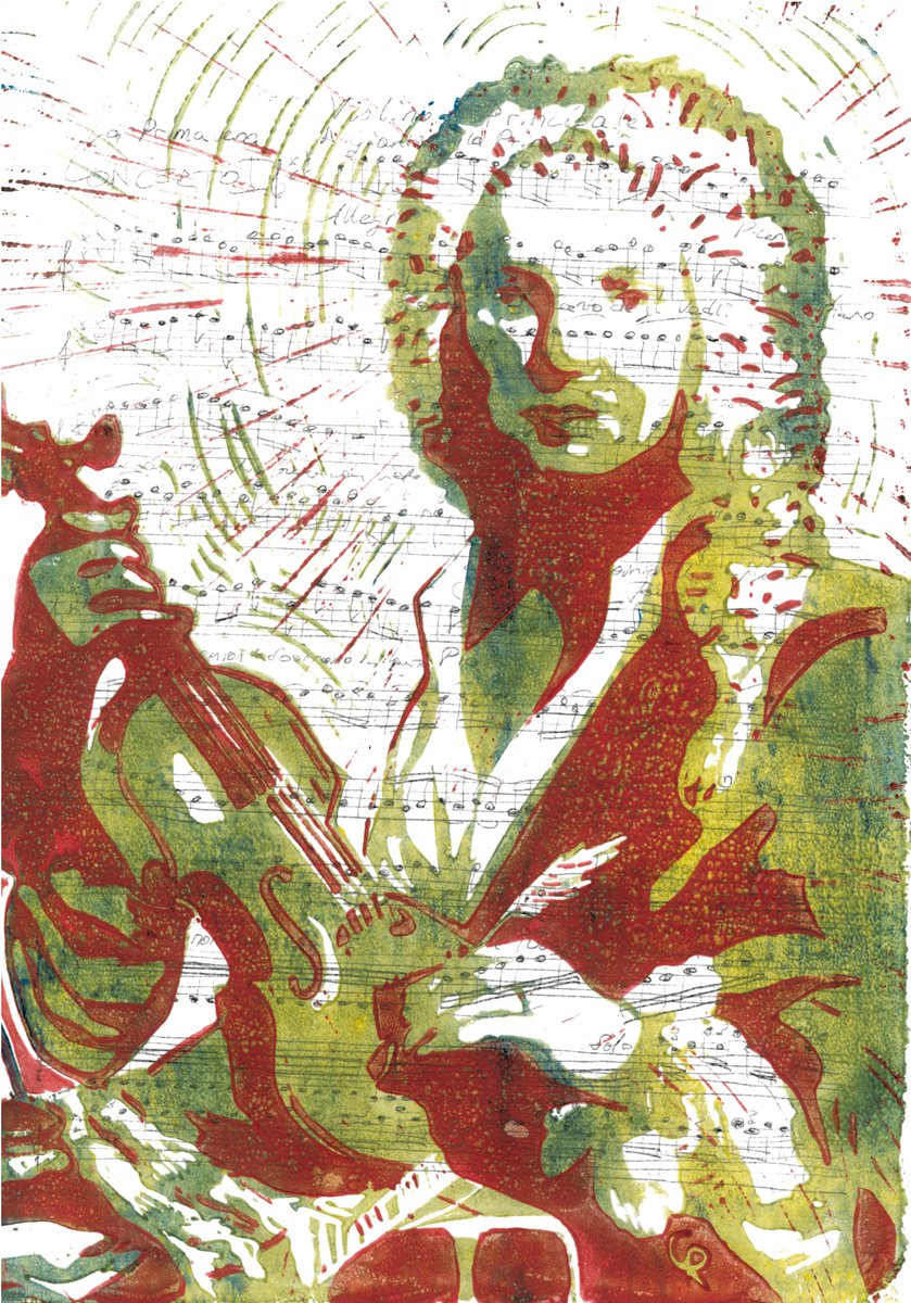 Composers - Vivaldi - Portrait on notes in green and red by Reimaennchen - Christian Reimann