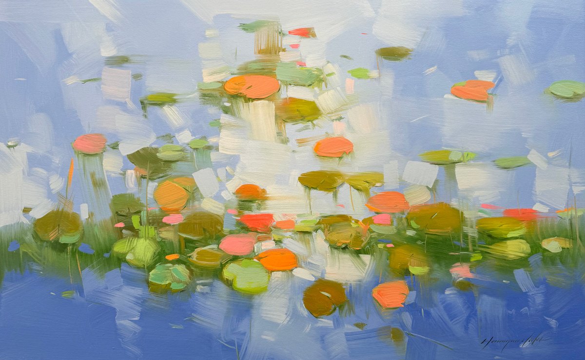 Impressionistic Botanical Oil Painting By Vahe Yeremyan, 31 X 20", Lilies Pond, Original Artwork