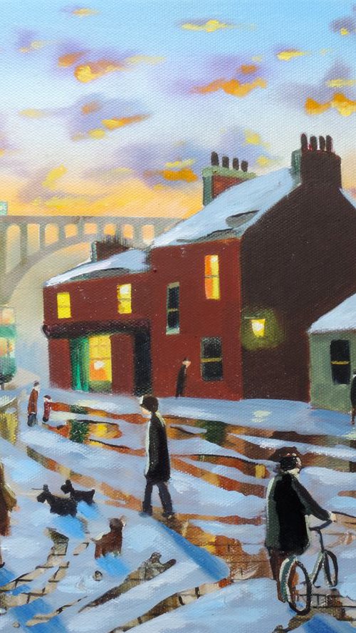 Winter street scene oil painting by Gordon Bruce
