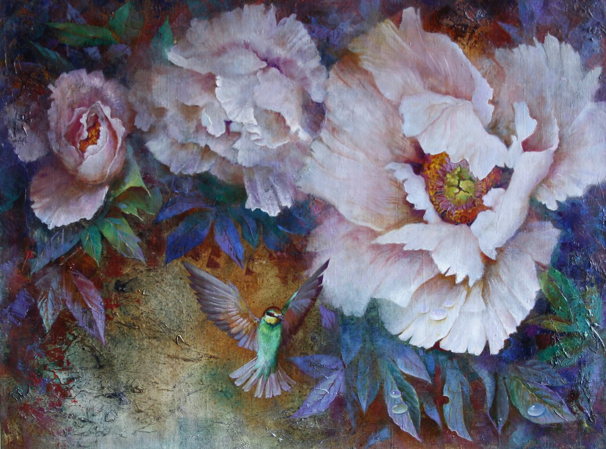 Impressionistic Botanical Oil Painting By Alexandr Dobrodiy, 31 X 24, Peonies And Hummingbirds (2021), Original Artwork