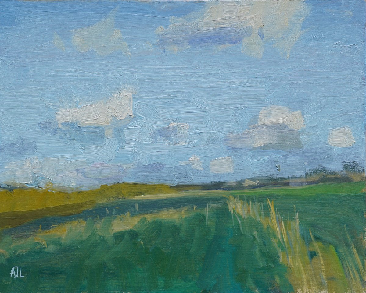 Impressionistic Landscape Oil Painting By Alex James Long, 12 X 9, Spring Sky, Windrush Valley, Original Artwork