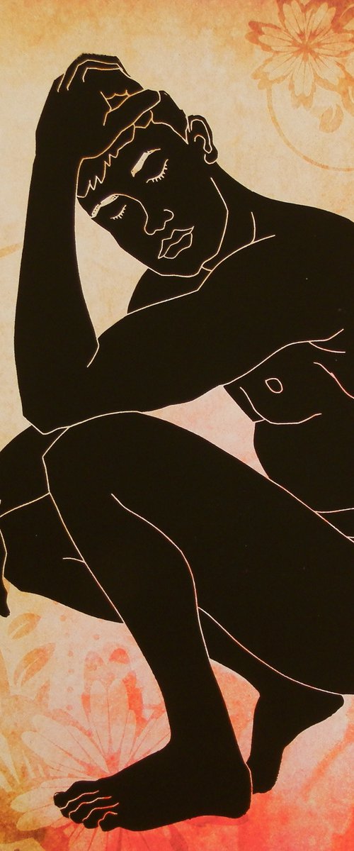 Crouching Male Nude Lino Cut Hand Pulled Print by Andrew Orton