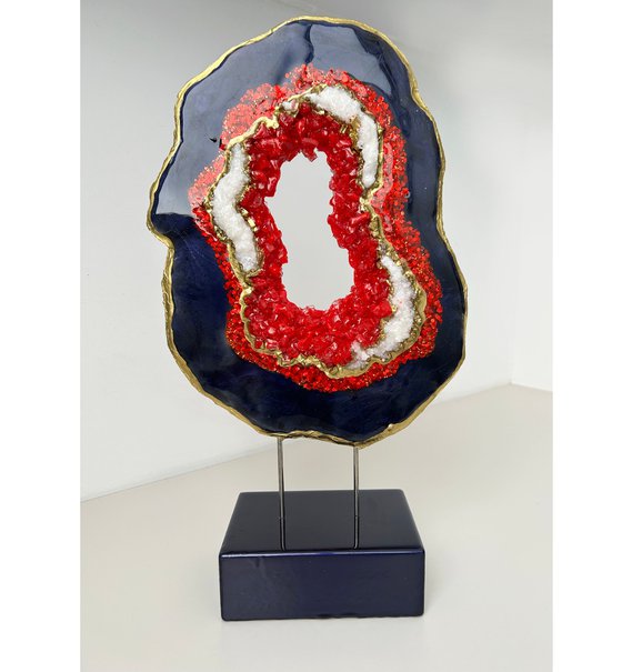 Modern Geode Slice Black Red, White, Unique gift, Home Decor, Luxury art, Crystal art, Geode sculpture, Standing geode