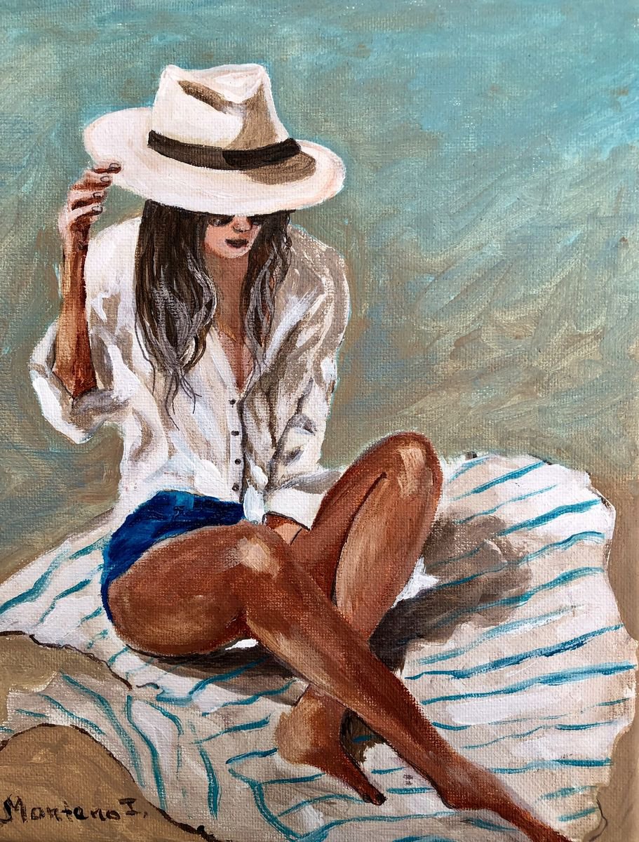 Impressionistic Portrait Acrylic Painting By Inna Montano, 8 X 10, Girl At The Beach, Original Artwork