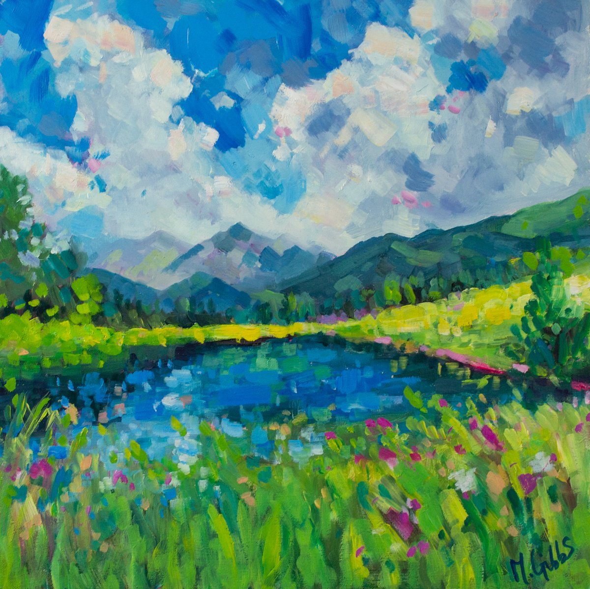 Impressionistic Landscape Oil Painting By Michelle Gibbs, 15 X 15", Dancing Clouds And Wildflowers, Original Artwork