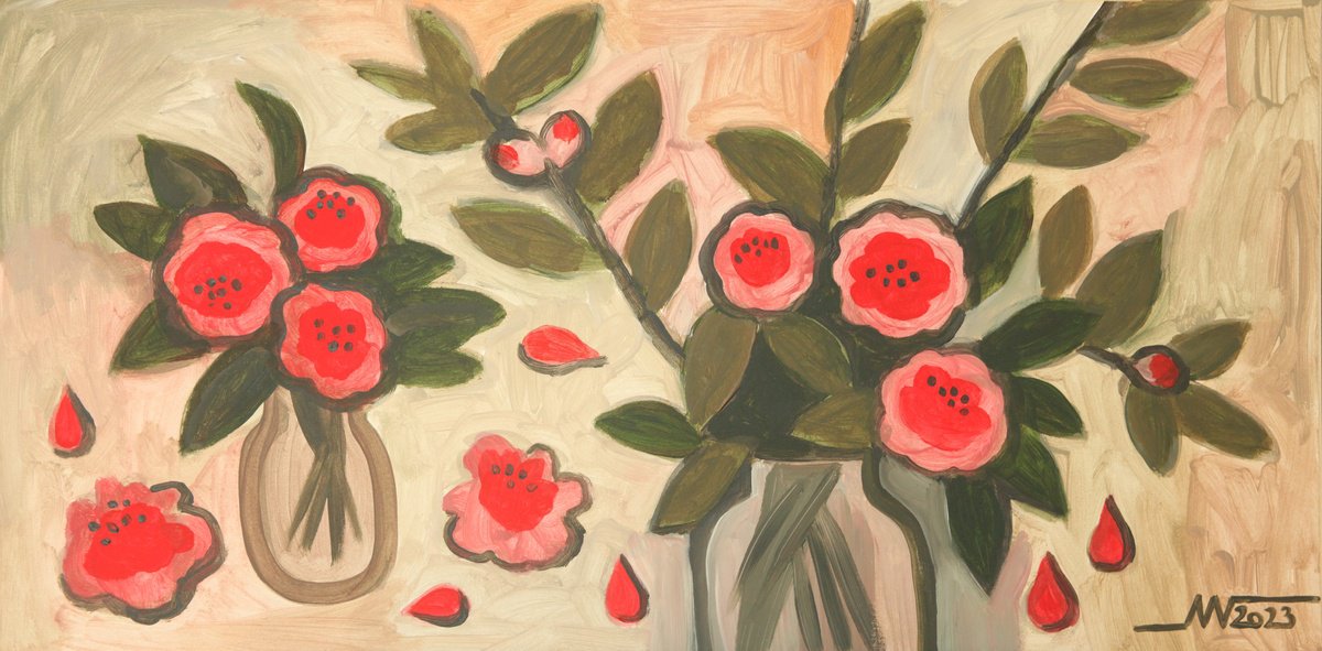 Botanical Acrylic Painting By Marina Gorkaeva, 31 X 16", Camellias, Original Artwork