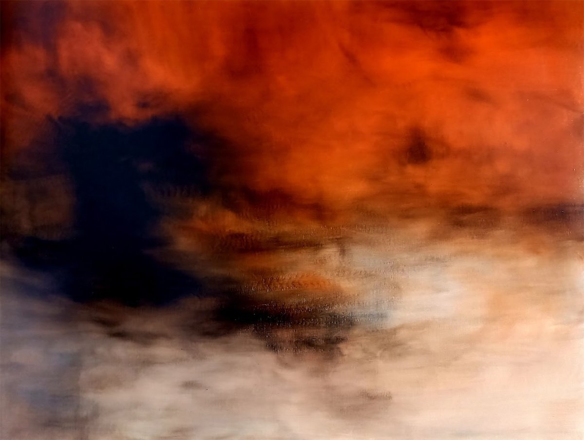 Organic Abstract Oil Painting By Julia Swaby, 44 X 32", Cadmium Orange Hue, Original Artwork