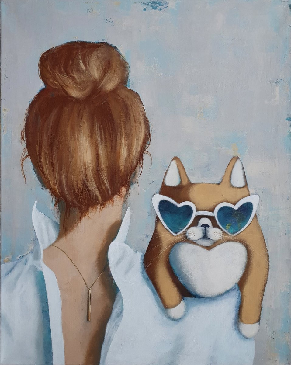 The best friend - large acrylic painting, woman and cat relationship by Olesya Izmaylova