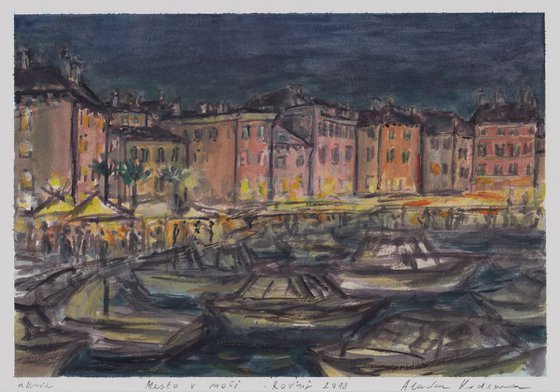 Mesto v noči – Rovinj / City in the Night – Rovinj, 2018, acrylic on paper, 20,8 x 29,5 cm