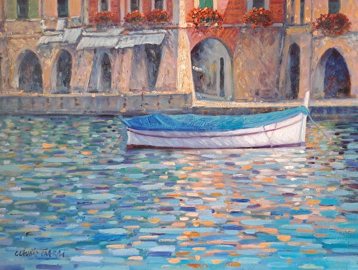 Impressionistic Landscape Oil Painting By Claudio Ciardi, 16 X 12, Portofino Harbour, Original Artwork