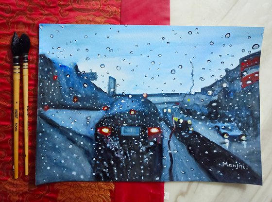 Long drive on Highway romantic rainy painting
