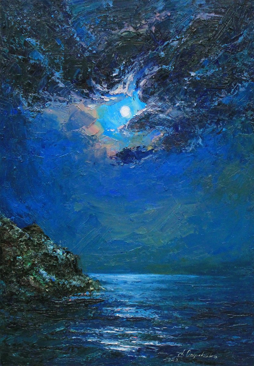 Cloudy night. Moon and clouds over sea by Alisa Onipchenko-Cherniakovska