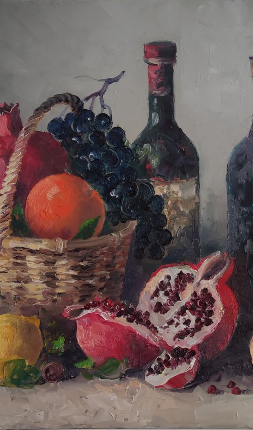 Still life fruits and wine (50x70cm, oil painting,  ready to hang) by Hayk Miqayelyan