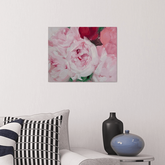 Original oil painting pink peonies bouquet