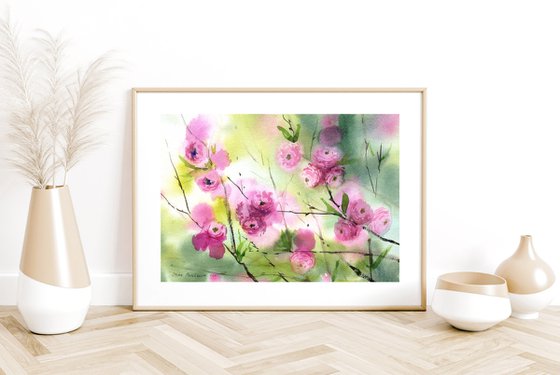 Sakura  original watercolor painting Pink flowers  artwork, floral wall art, gift idea for her spring wall art