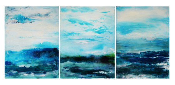 3 Blue Abstract paintings