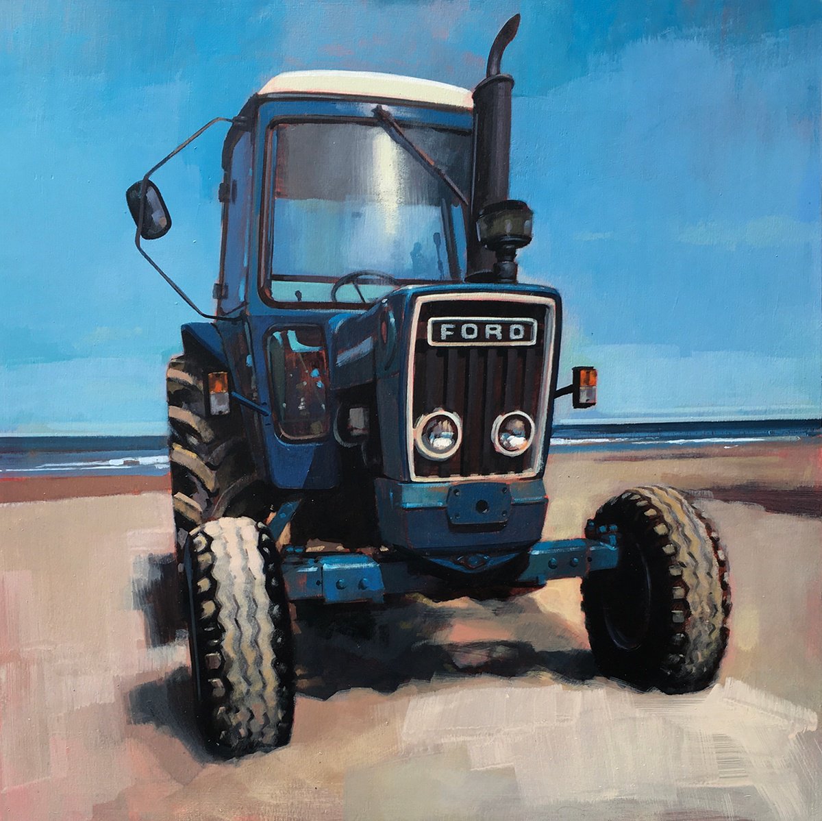 Impressionistic Landscape Acrylic Painting By Andrew Morris, 16 X 16, Sandsend Tractor, Original Artwork
