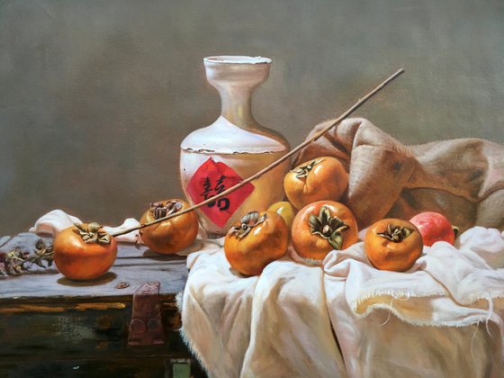 Realism still life painting:China with Persimmons t234