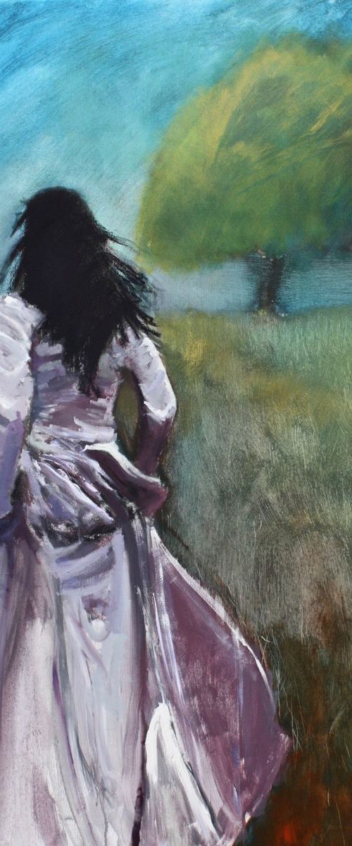 Woman Walking toward 2 Trees II (Large Painting) by Simon Jones
