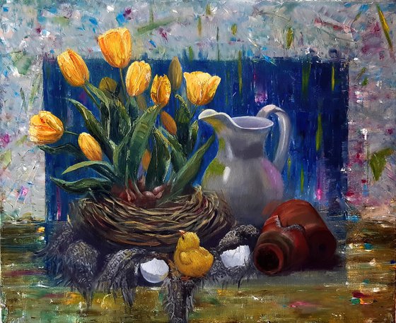 Birth - oil painting, home decor, original gift, spring still life, blue-blue, chicken, yellow tulips