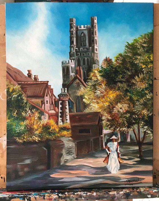 Original Acrylic painting on stretched Canvas. Scenery, Landscape, Ely Cathedral British Art