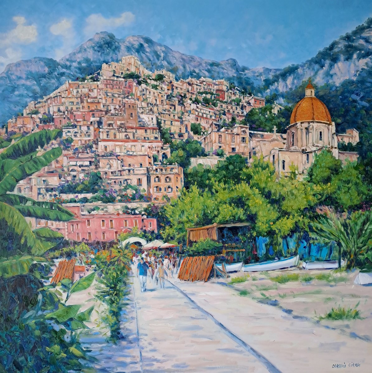 Impressionistic Cityscapes Oil Painting By Claudio Ciardi, 31 X 31, Positano, Original Artwork