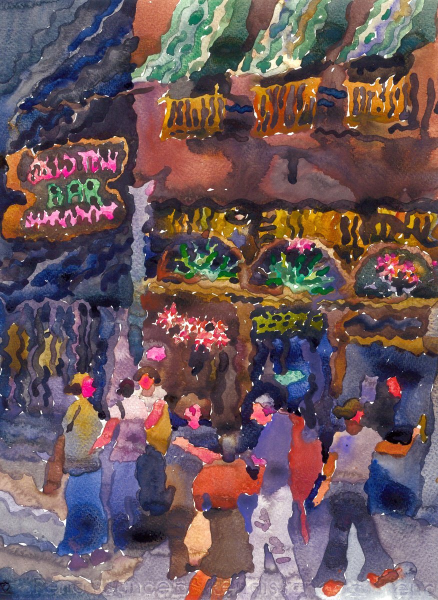 Impressionistic Cityscapes Watercolour By Tanbelia, 11 X 15", Old Town Bar Ny, Original Artwork