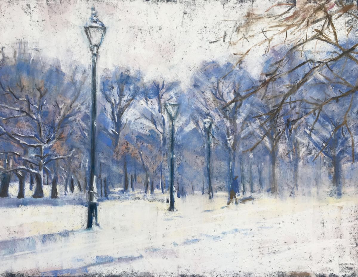 Expressive Landscape Pastel Drawing By Louise Gillard, 16 X 12", Snow On Clapham Common, Original Artwork