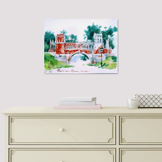 Architectural landscape "Bridge in Tsaritsyno Park" original watercolor painting