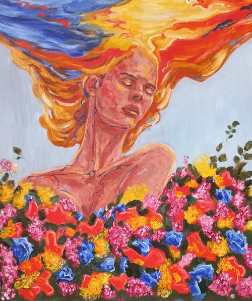 Creative vibe. 70x60cm Abstract woman portrait. Colorful flowers painting 2023 by Tatiana Myreeva