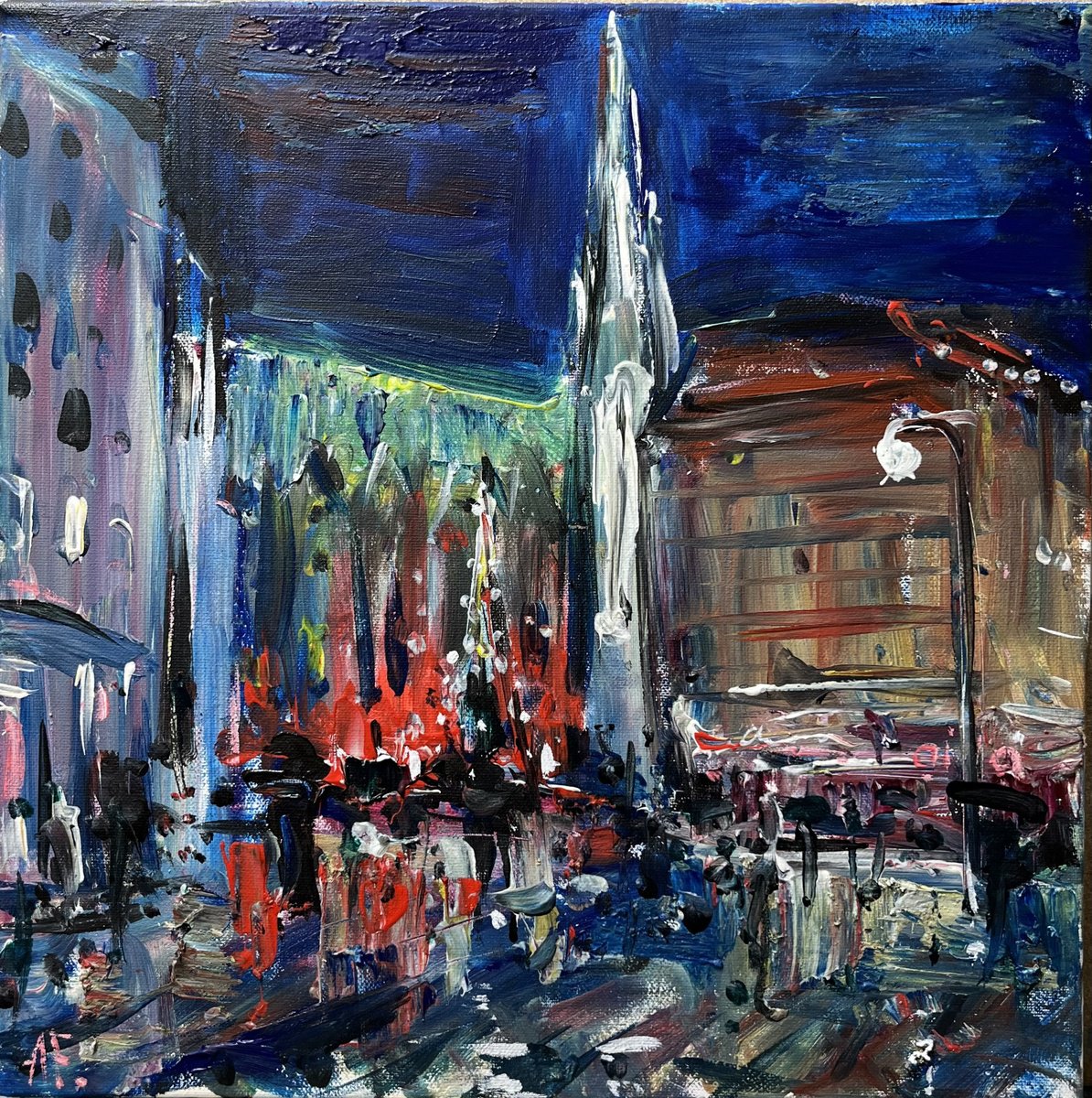 Impressionistic Landscape Acrylic Painting By Altin Furxhi, 16 X 16, Christmas Nights In Vienna, Original Artwork